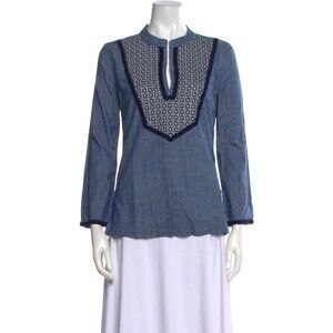 Tory Burch Womens Shirt Size XS 2 Blue Embroidery Was Designer Denim Minimalist